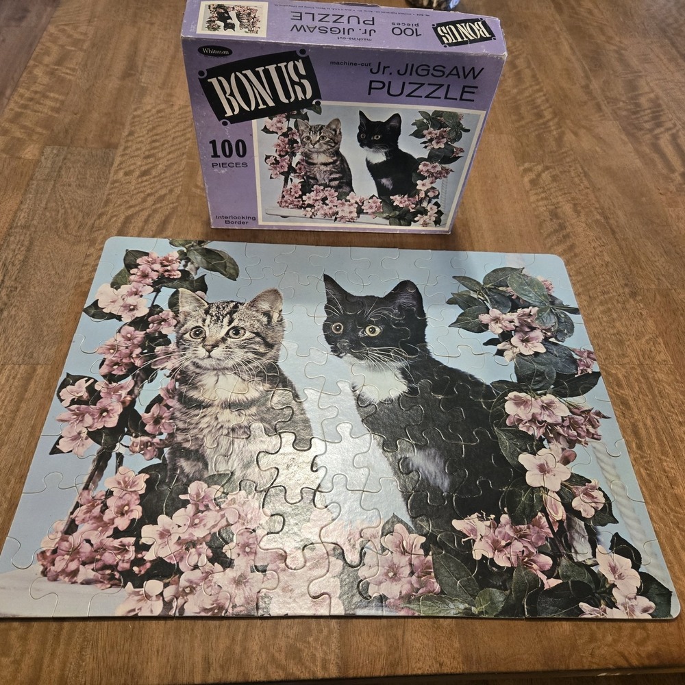Whitman Bonus Jr Jigsaw Puzzle 100 Pc Cats Kittens Flowers 4655 COMPLETE Vintage